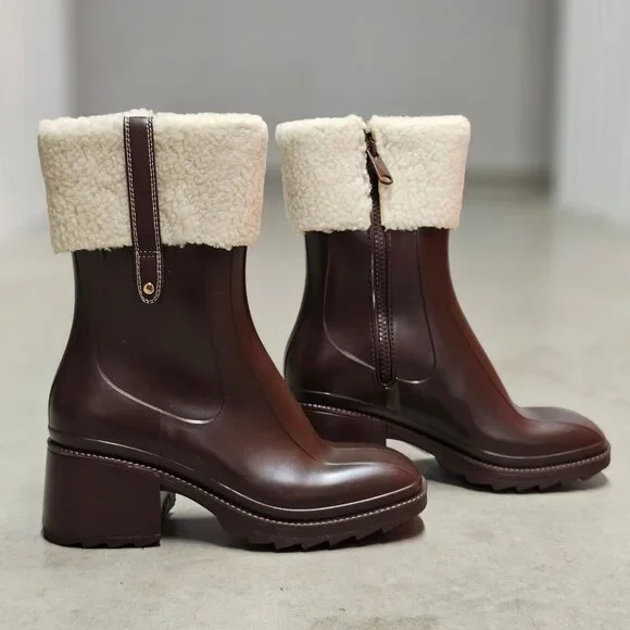 Brown Faux Leather Block Heel Boots With Shearling Cuff & Side Zipper Closure - Picture 2 of 7